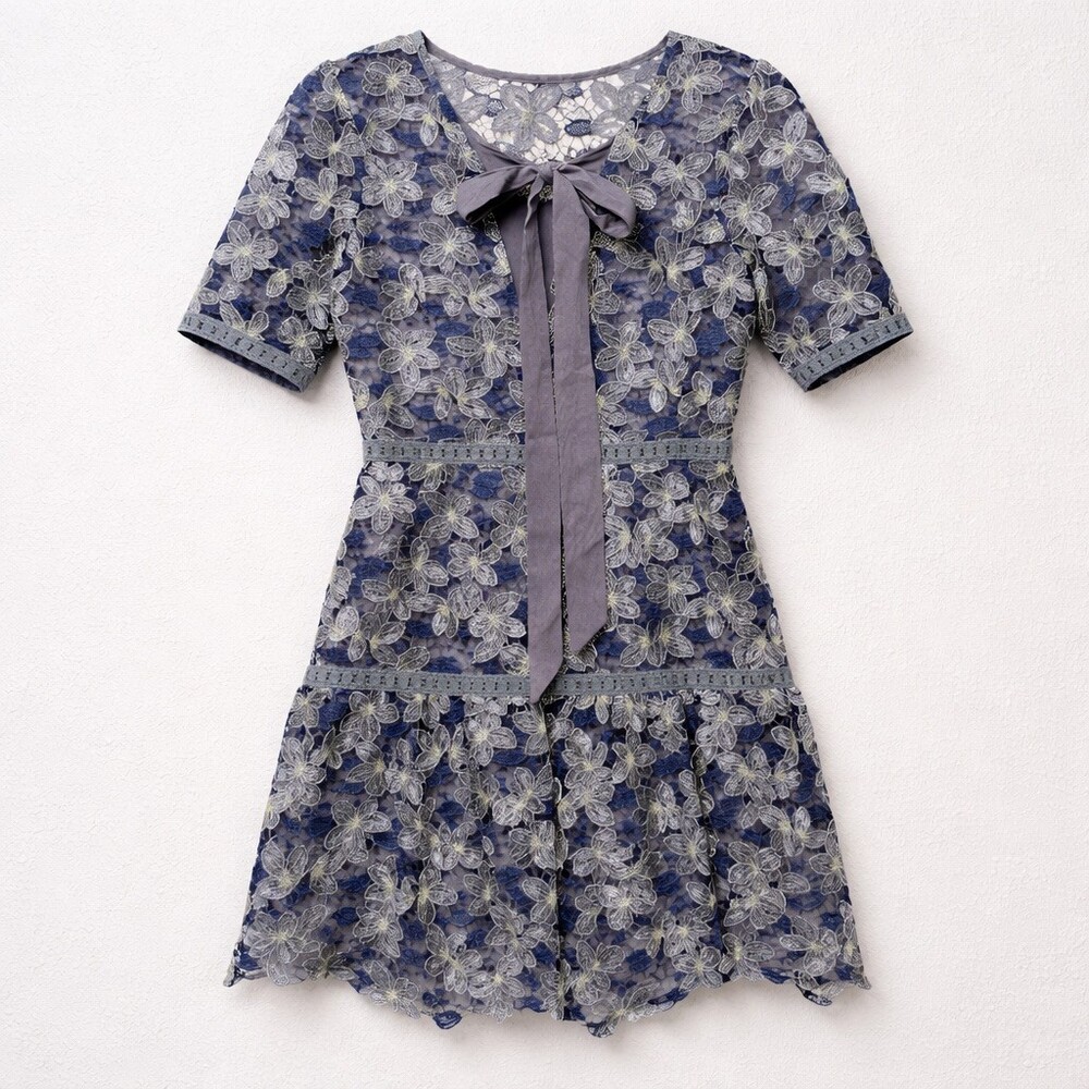 Just Me Dress Womens Size S Blue Floral Lace Mini Back Bow Lined - Picture 8 of 10